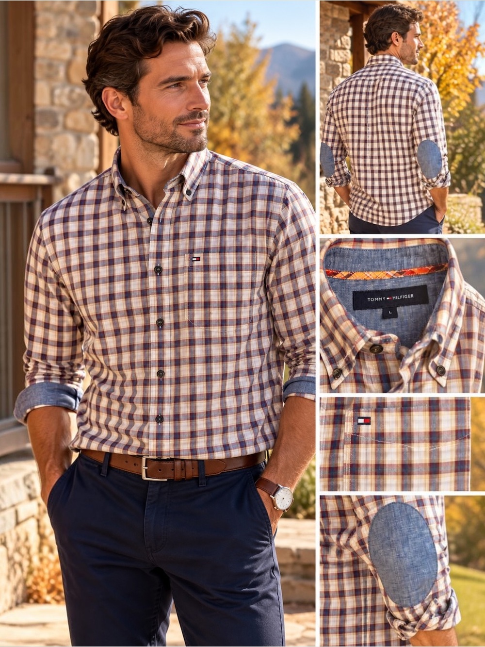 Tommy Hilfiger Men’s L Plaid Shirt Elbow Patch 100% Cotton Button Down